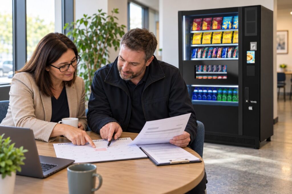 Manager and supplier checking a calendar and first hire invoice beside a vending machine
