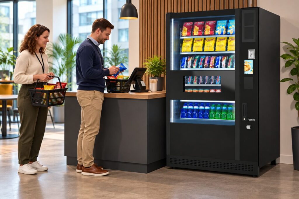 Two customers keeping separate snack baskets at a checkout beside a vending machine