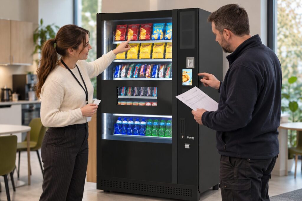 Staff member asking an operator about an allowance and snack choice at the machine