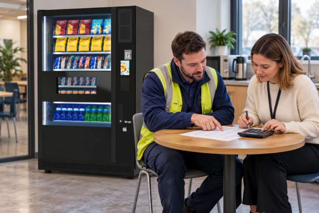 Operator and manager calculating payment costs beside a vending machine