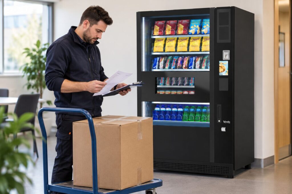 Operator matching a supplier account document to a returned carton beside the machine