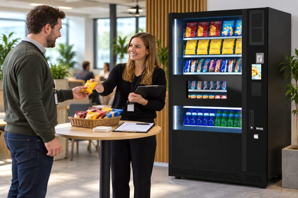Host handing a sealed snack sample to a customer beside a vending machine