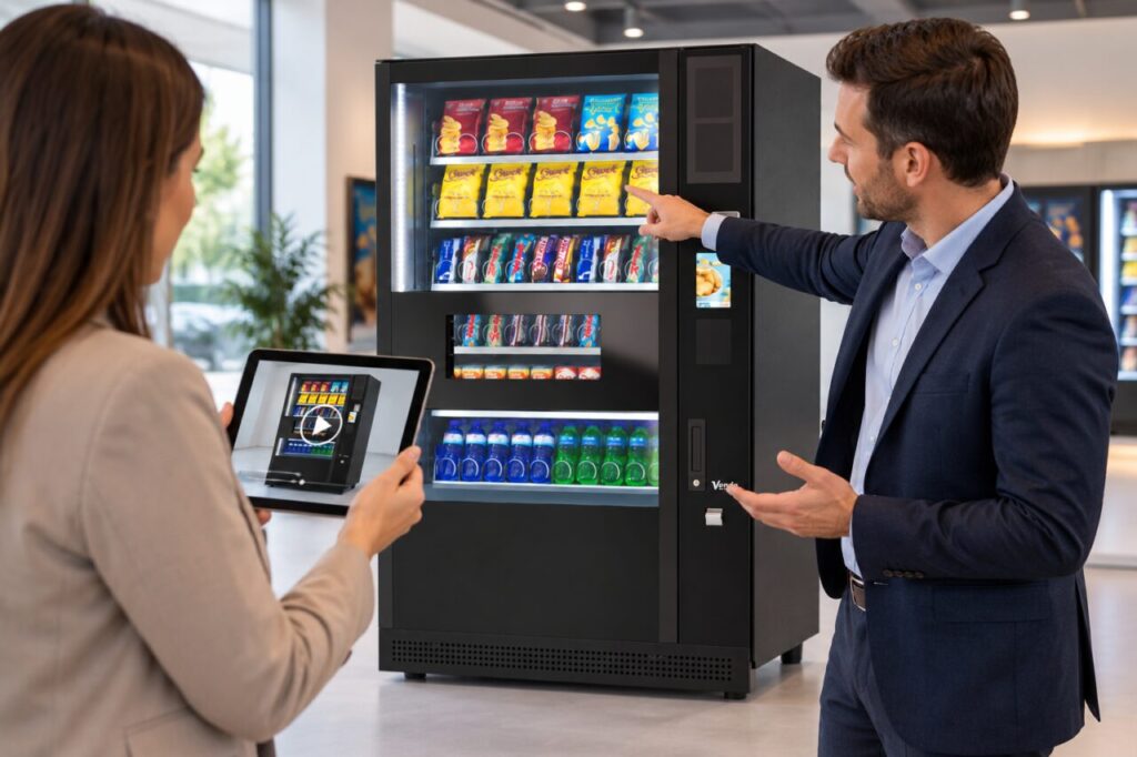 Supplier and customer comparing a recorded demonstration with the vending machine