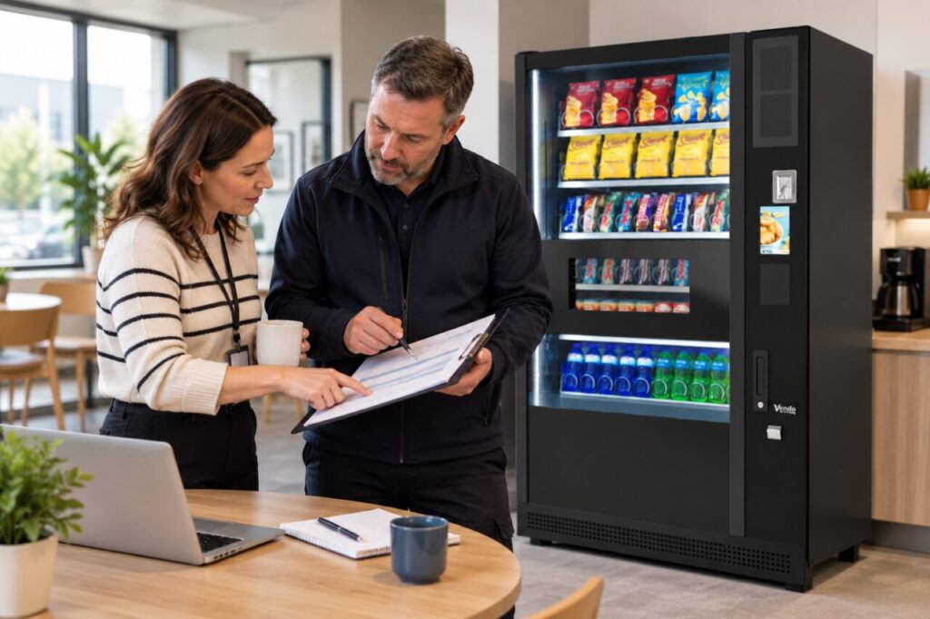 Manager and supplier comparing service-cost schedules beside a vending machine