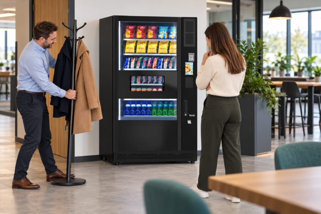 Colleagues moving a coat stand away from the vending machine customer view