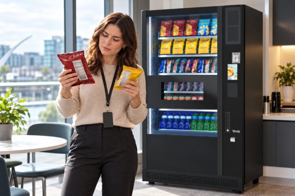 Customer comparing two snack packets beside a vending machine