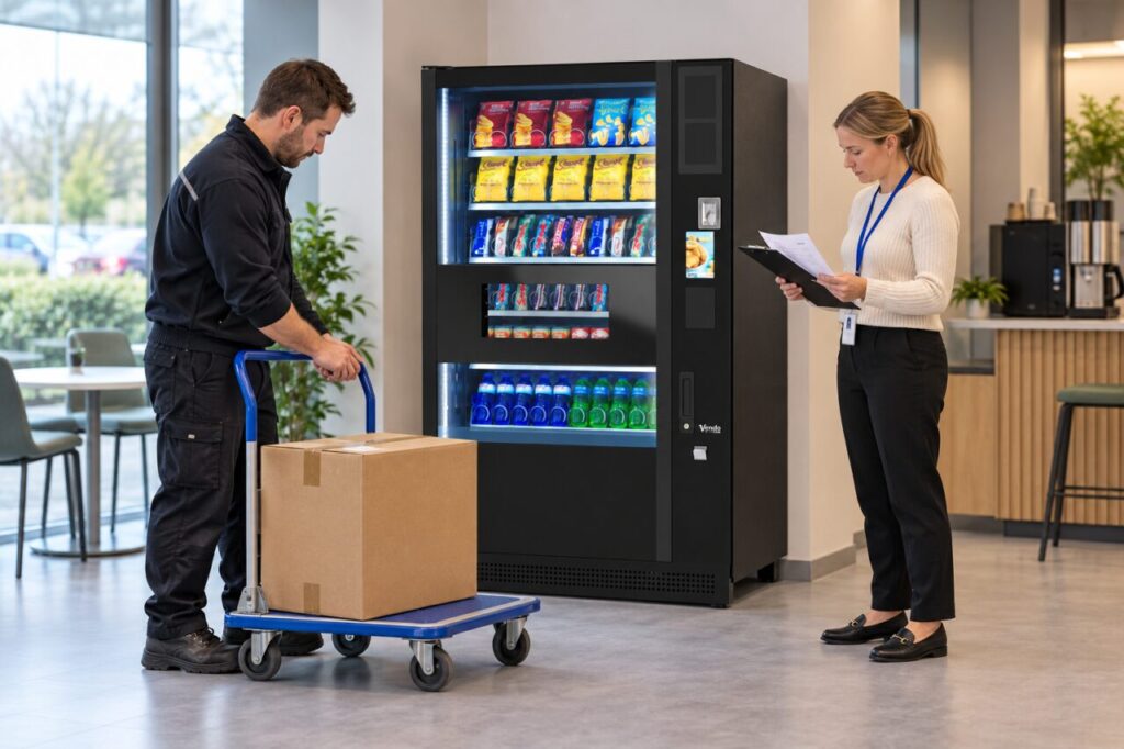 Engineer preparing an unused spare-part carton for return beside the vending machine