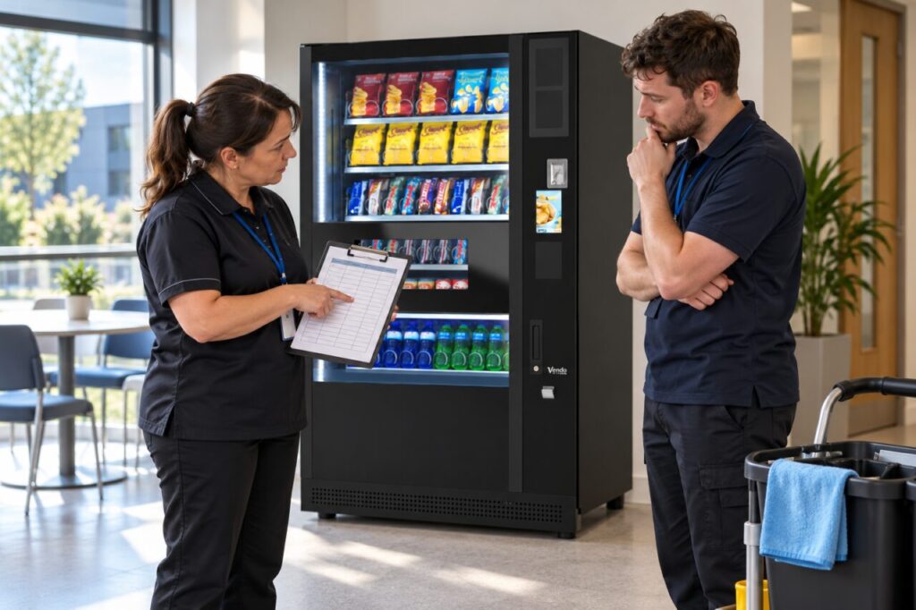 Colleagues checking an empty cleaning-log entry beside a vending machine