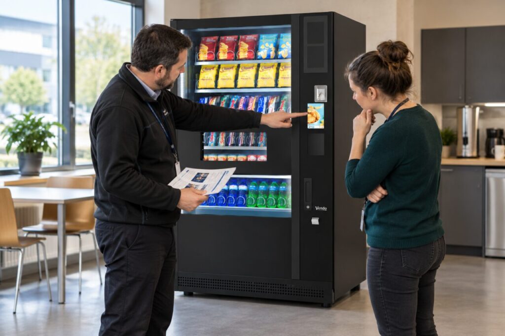 Operator explaining vending controls with an updated instruction sheet