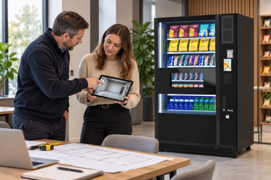 Buyer and supplier review an unfinished room photograph beside a SandenVendo vending machine