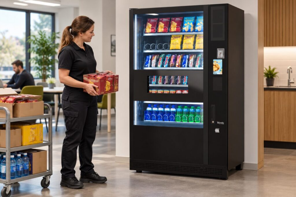 Operator compares stored snack cartons with an empty lane behind the vending machine glass