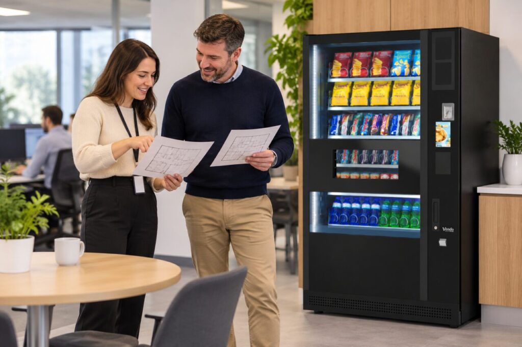 Office colleagues compare two building plans beside their vending machine