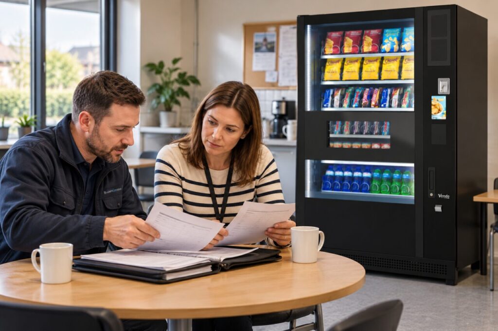 Manager and supplier review service paperwork beside the vending machine