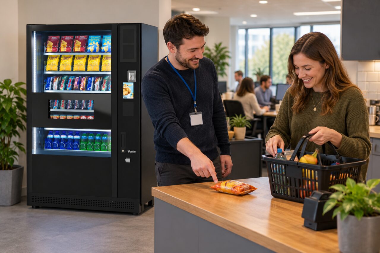 Host points out a snack left at checkout beside a customer basket and vending machine