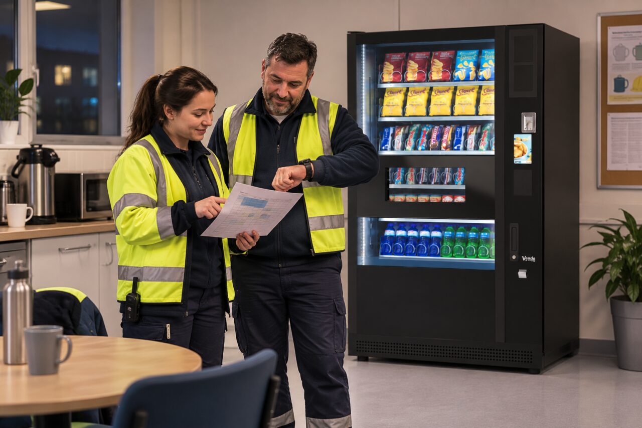 Night-shift colleagues discuss a rota and reset time beside the vending machine