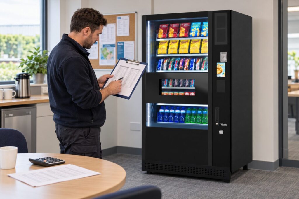 Operator compares two sales report columns beside a vending machine