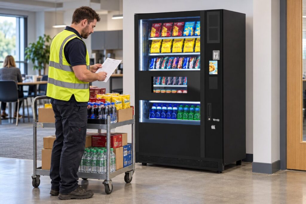 Operator reviews a stock order beside cartons and a vending machine
