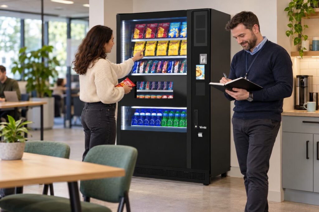Manager records trial observations while a customer chooses a snack at the vending machine