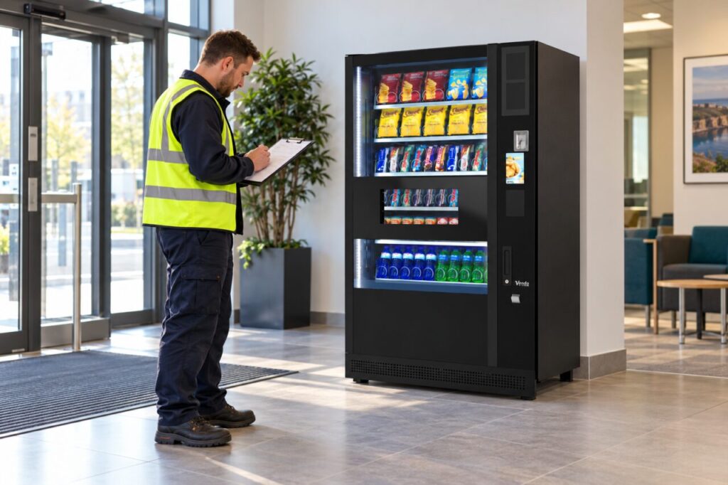 Delivery coordinator checks access paperwork beside a vending machine in a lobby