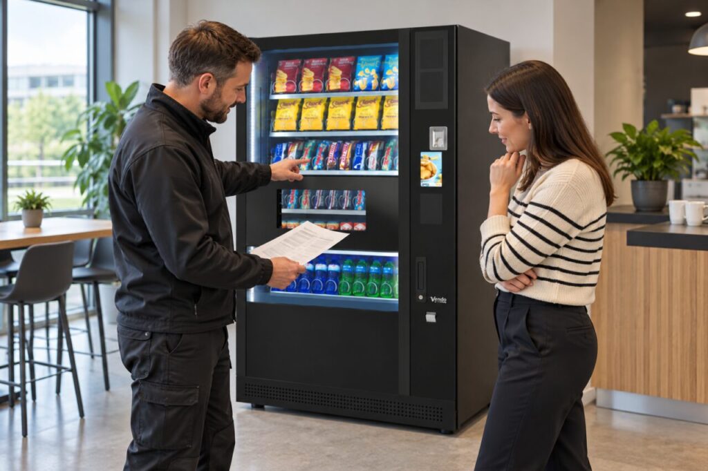 Engineer explains a service report to the workplace host beside the vending machine