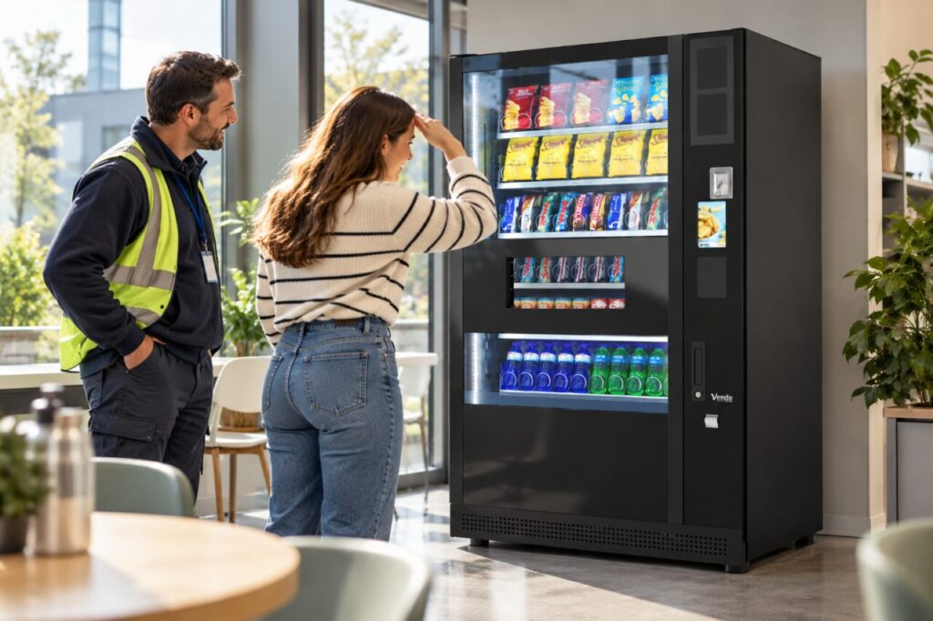 Customer checks product visibility in window reflections on a vending machine