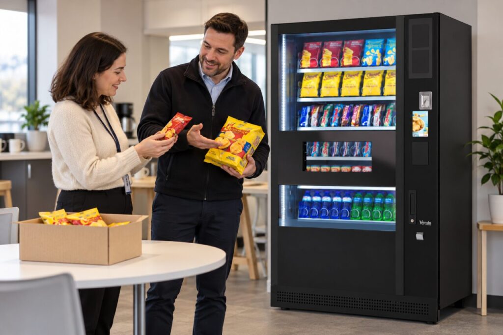 Customer and operator compare an individual snack pack with a multipack beside the vending machine