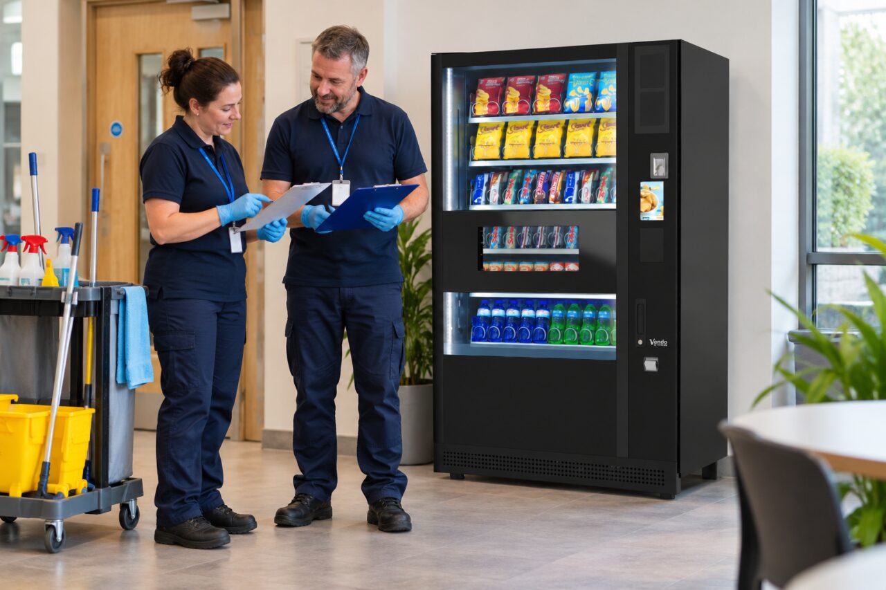 Two cleaners coordinate checklists beside a vending machine and cleaning trolley