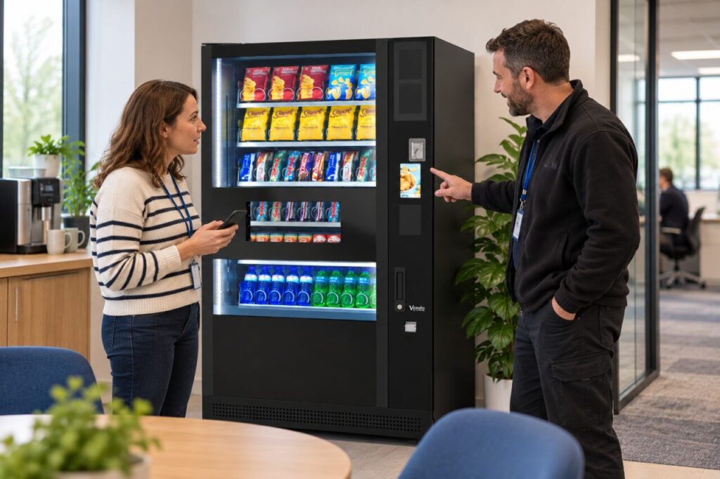 Customer asks the operator about purchase evidence beside the vending machine