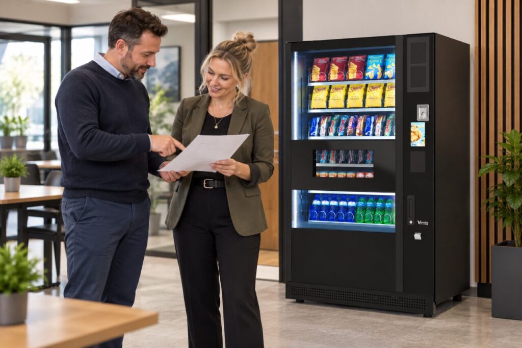 Two business owners discuss a shared purchase beside a vending machine