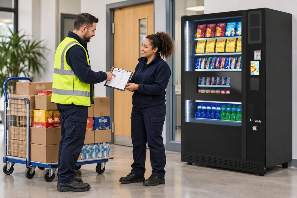 Two operators hand over a refill checklist beside a vending machine and stock trolley