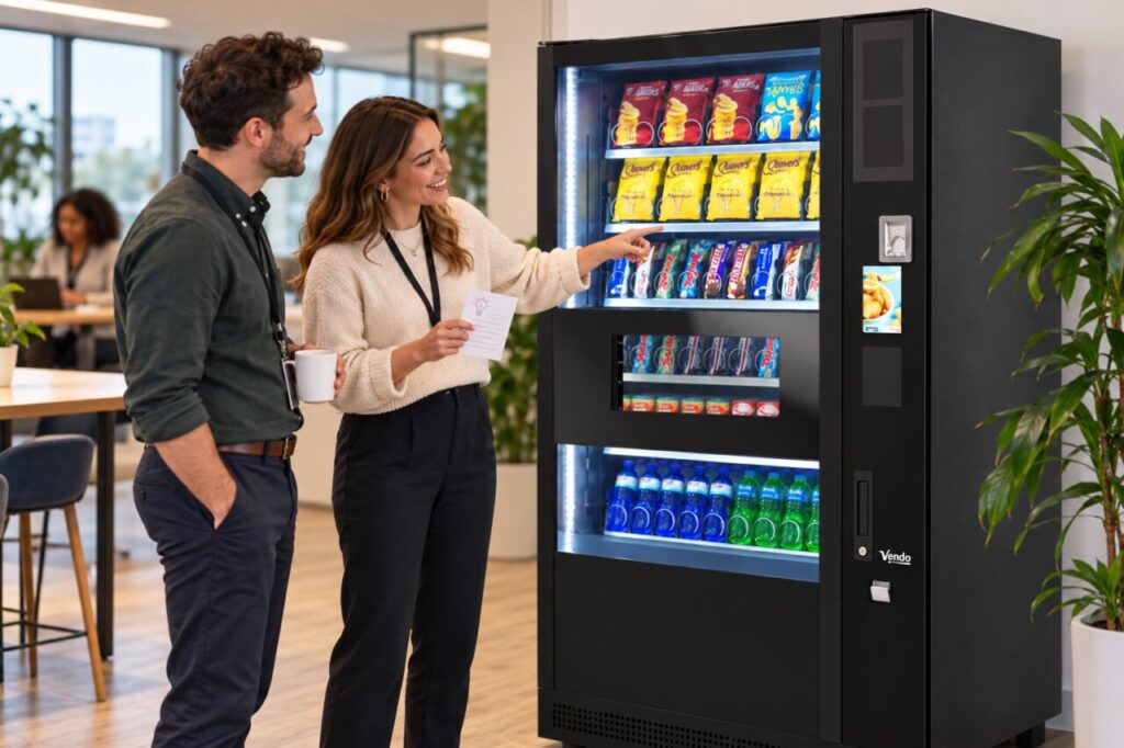 Office host shows a snack selection after staff feedback at a vending machine