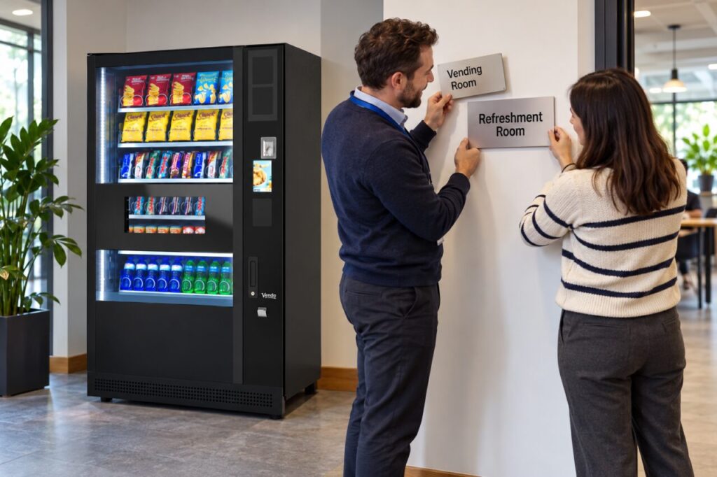 Colleagues compare old and new room signs beside a vending machine