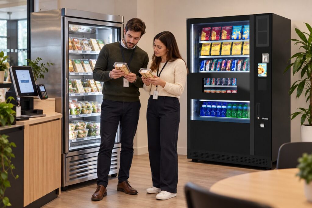 Customer compares sandwich labels beside a refrigerated display and vending machine