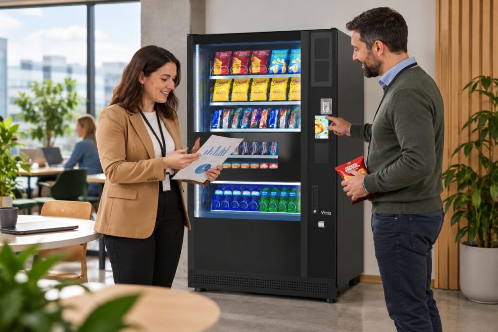 Manager reviews an aggregate report while a colleague uses the vending machine