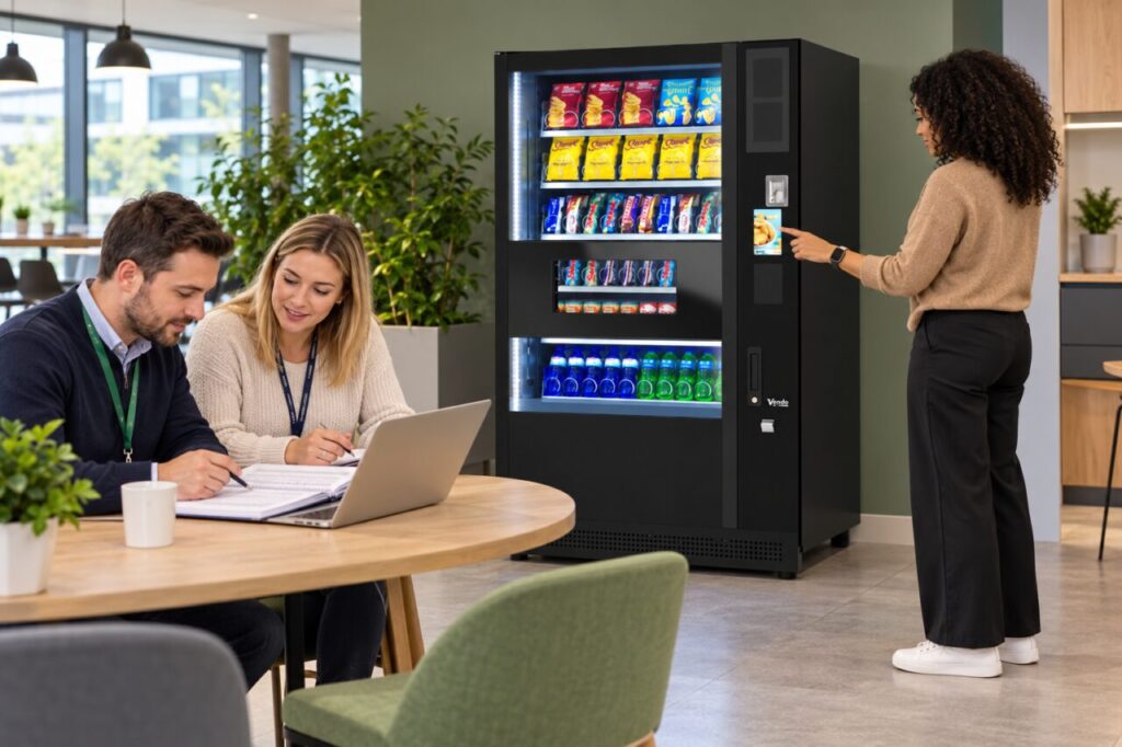 Operators compare attendance and sales records beside a vending machine in use