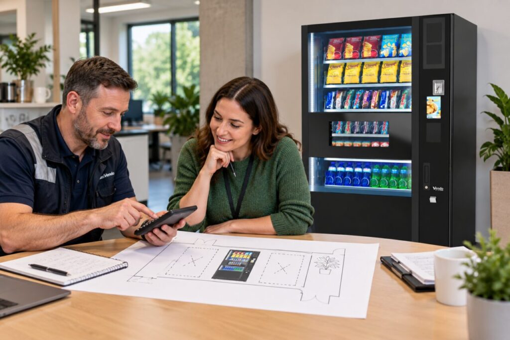 Operator allocates service costs using a calculator beside a vending machine