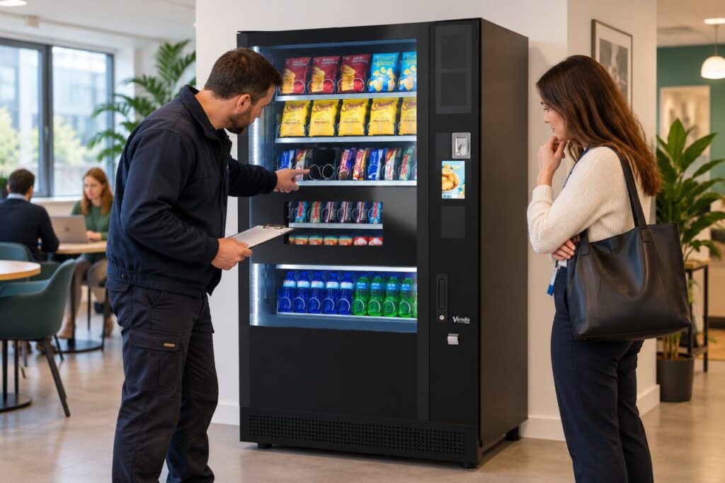 Operator records an empty selection while a customer checks the vending range