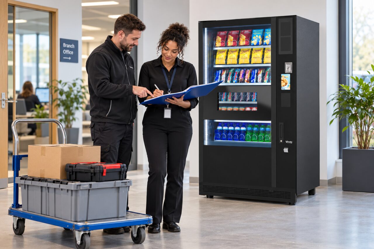 Operator records a branch transfer date beside a vending machine