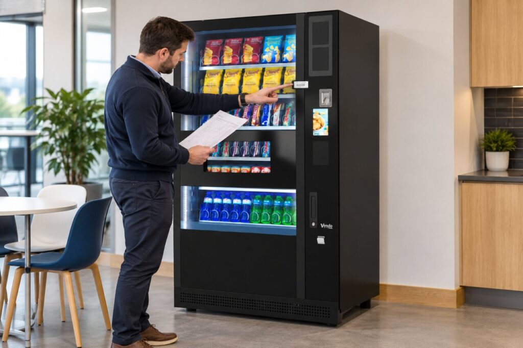 Buyer checks an equipment label against an asset record beside a vending machine