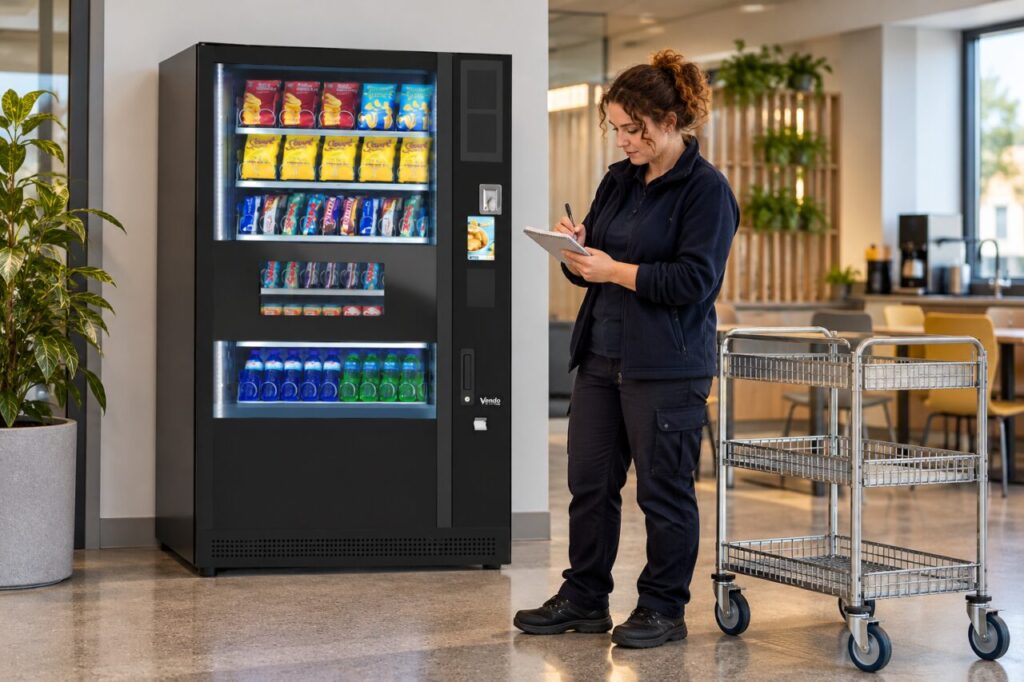 Owner records working time after a refill beside a vending machine