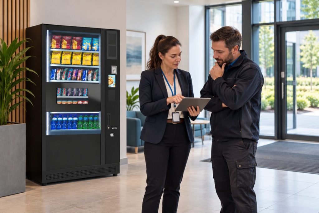 Site coordinator and engineer review an appointment beside a vending machine