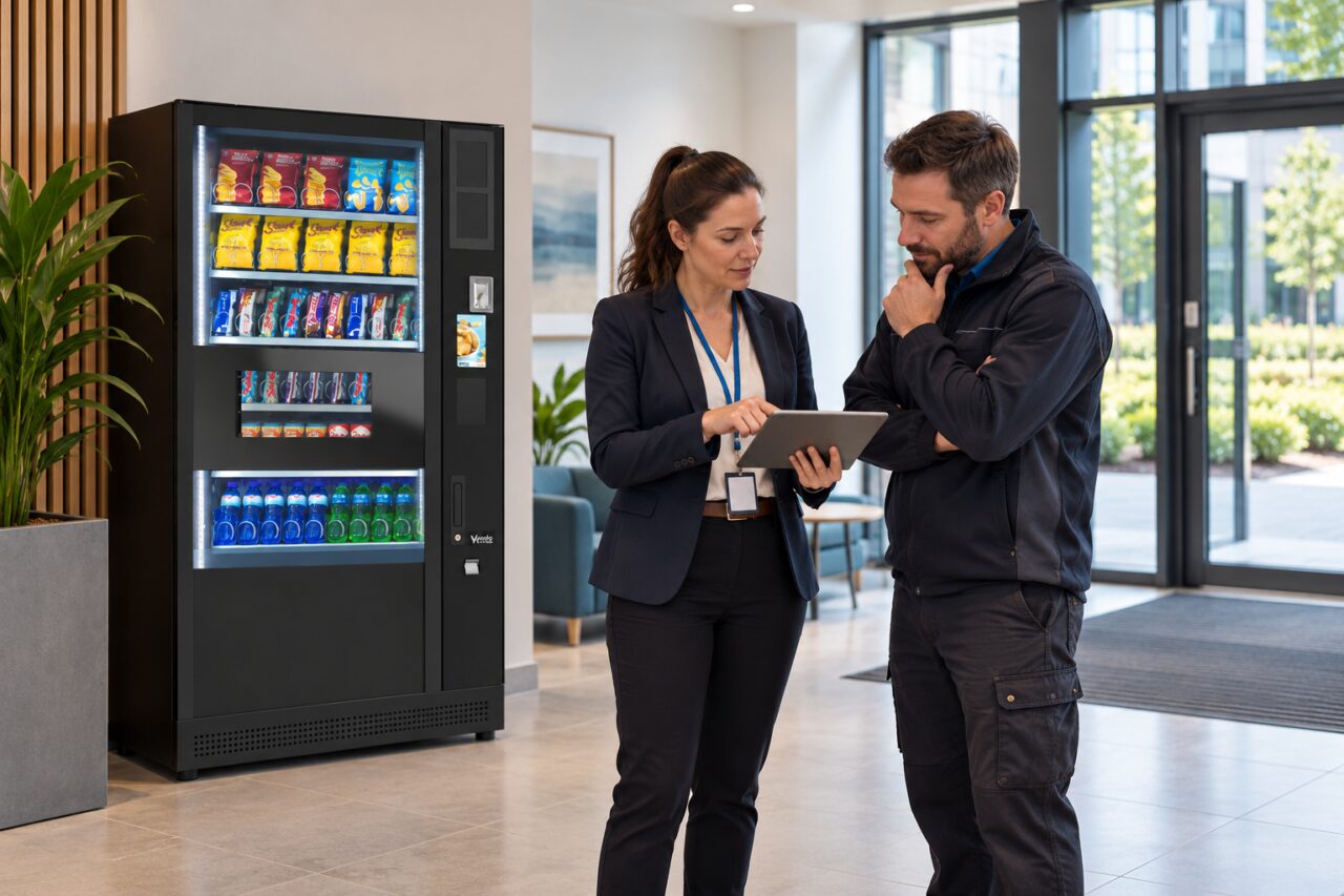 Site coordinator and engineer review an appointment beside a vending machine