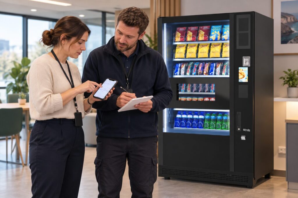 Customer and site contact reconstruct a purchase using a calendar and notes beside a vending machine