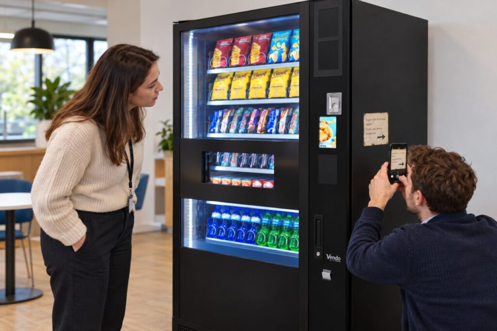 Site host photographs a faded instruction label on a vending machine