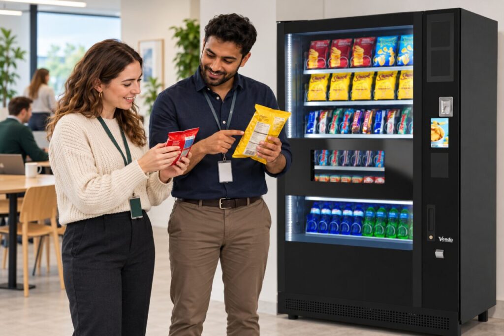 Customer and operator compare different snack pack sizes beside a vending machine