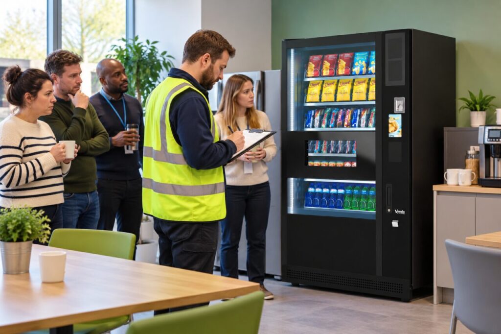 Site contact records observations during a busy break beside a vending machine