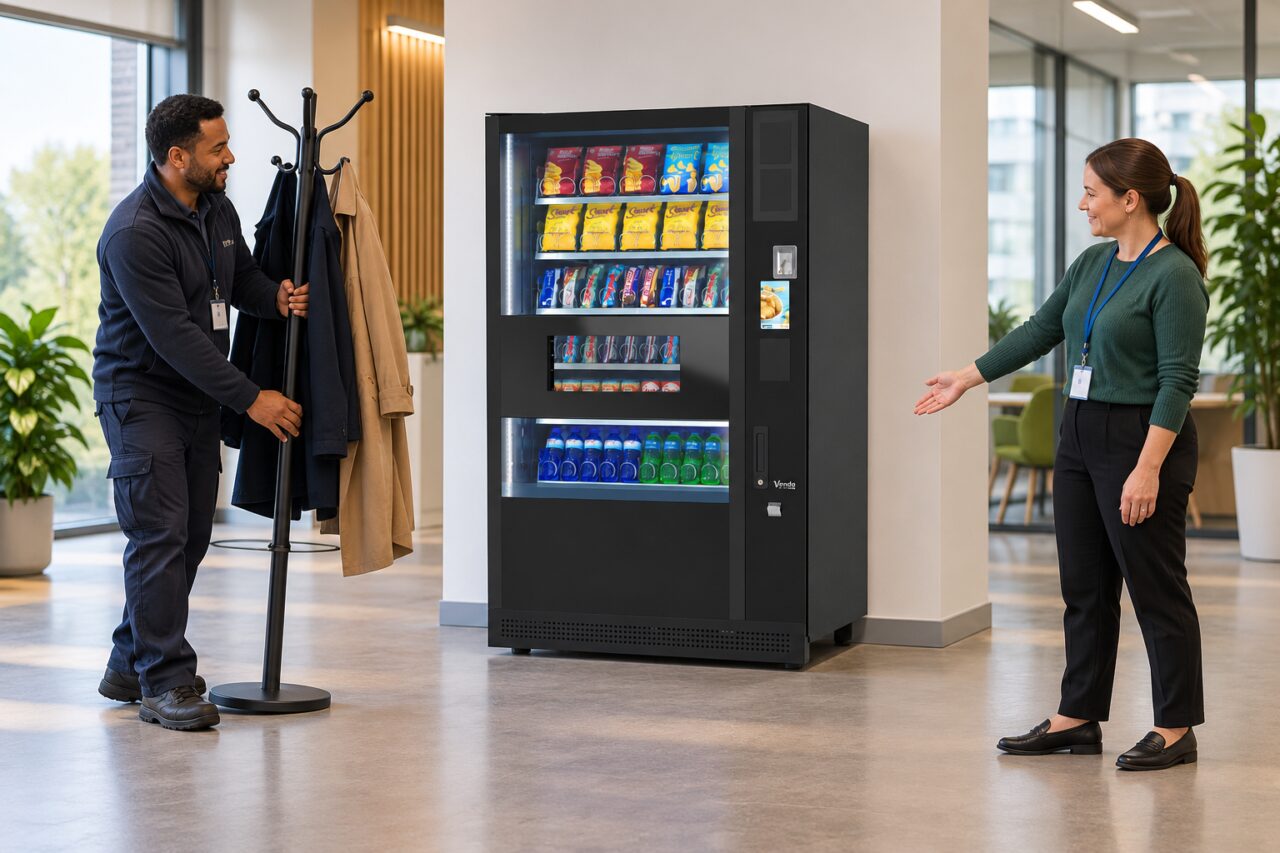 Facilities colleagues move a coat rack away from a vending machine