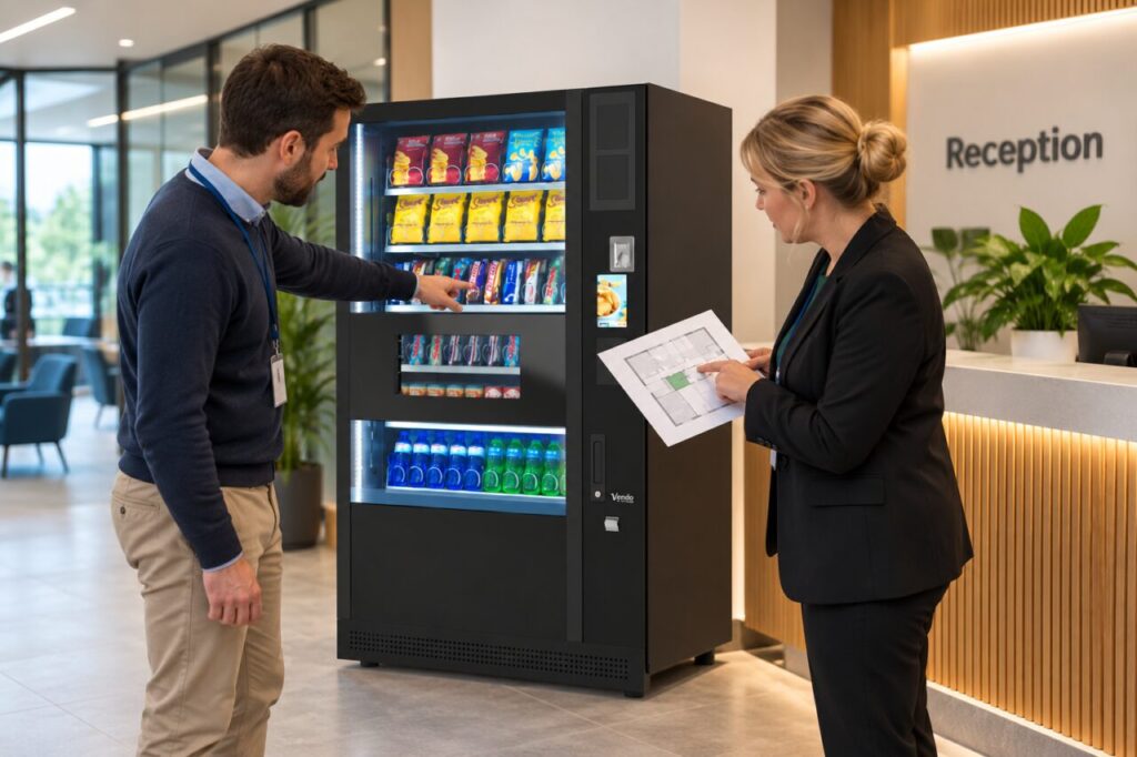Customer and receptionist identify a vending machine using a floor plan