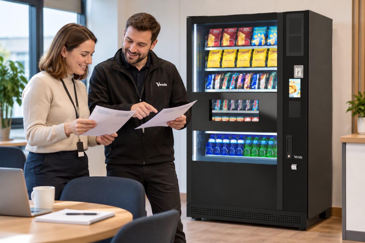 Buyer and supplier compare business paperwork beside a vending machine