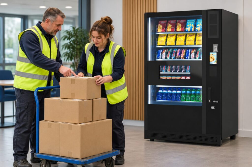 Experienced operator guides a colleague checking sealed cartons beside a vending machine